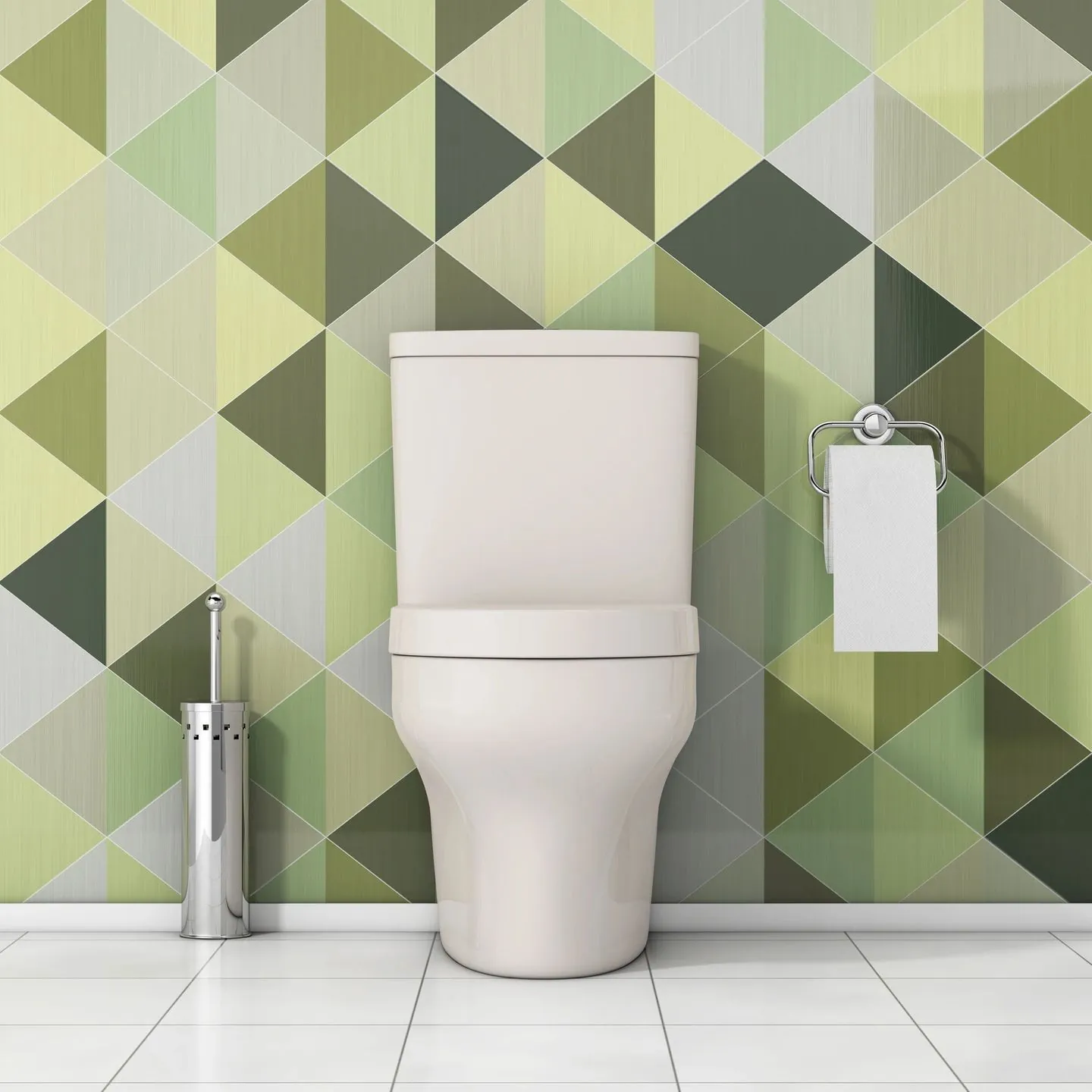 New toilet installation against a modern geometric tiled wall
